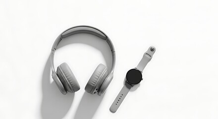 Over-ear headphones and a smart watch create a sleek monochrome composition on white.