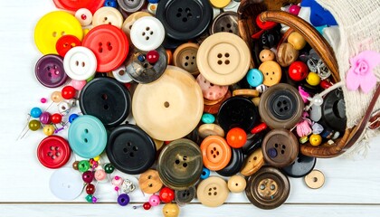 Assortment of Colorful Buttons and Sewing Accessories Overflowing from a Basket