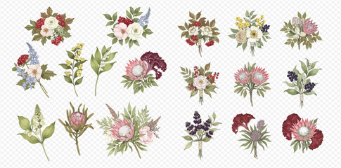 A beautiful collection of isolated floral illustrations, including bouquets, boutonnieres, and single stems in a delicate, hand-drawn style.