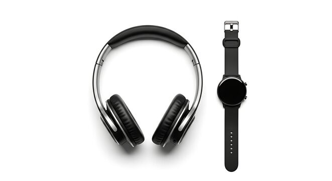 Elevated studio shot showcases sleek over-ear headphones alongside a modern smartwatch on white.