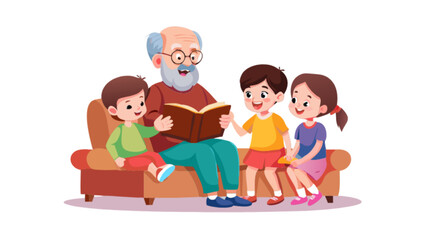 Grandfather reading a book to three children sitting on a couch with a white background scene design