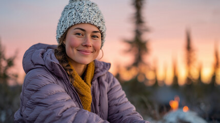A woman enjoys the final light of day as she sits by a forest fire, bundled in a puffer jacket and hand-knit hat. Her gentle smile and the orange-pink sunset behind the evergreens