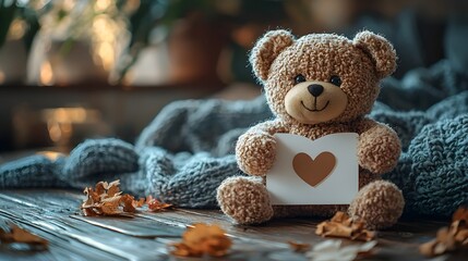 Cozy teddy bear holding a heart shaped card on a warm autumnal backdrop