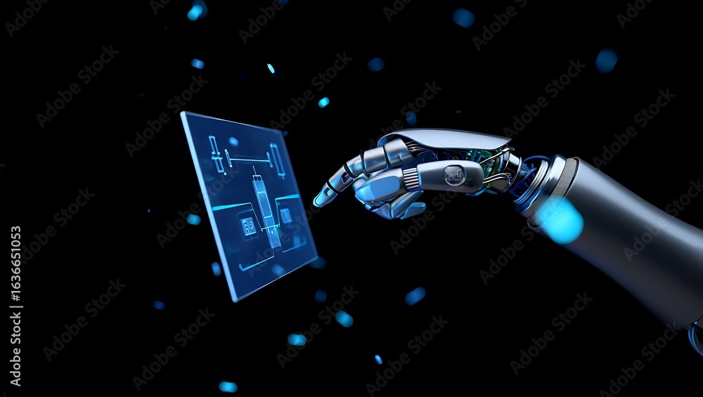 Aufkleber robot hand interacting with futuristic digital interface on dark background