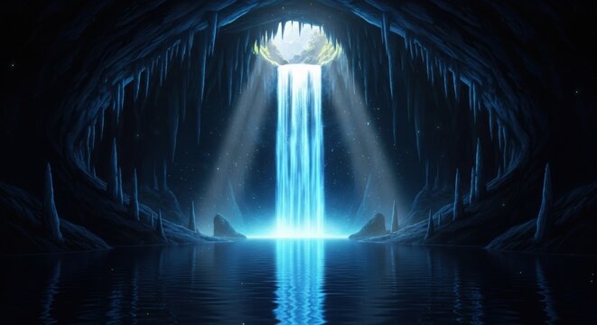 An otherworldly blue light beam descends into a dark, watery cave, creating a mystical and ethereal underground landscape with glowing reflections.