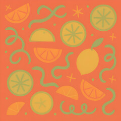 Handdrawn style pattern of citrus slices lemons and abstract green swirls.