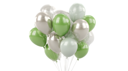 Cluster of silver and green balloons on white background