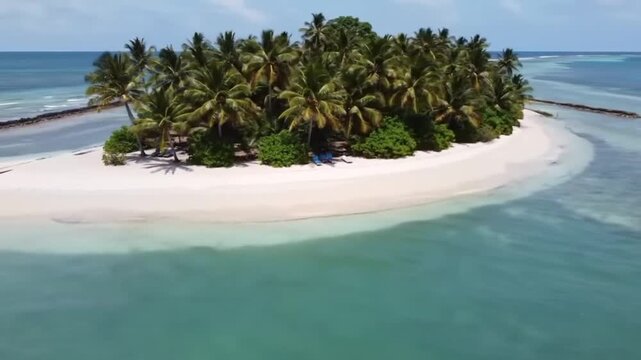 Aerial cinematic 8-second video of a small tropical island surrounded by clear blue ocean water, white sandy beach, gentle ocean waves, palm trees swaying in the breeze, bright daylight, relaxing summ