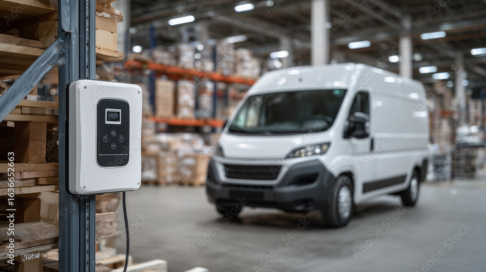 Poster modern charging station with sleek digital controls is connected to an electric van, close-up view e