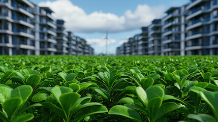 Lush Green Plants in Urban Setting with Modern Apartments and Wind Turbines Under Bright Blue Sky with Fluffy Clouds in the Background