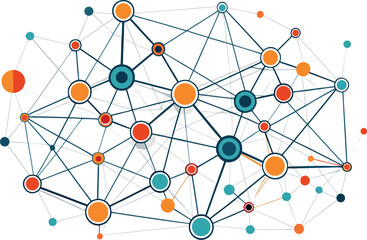 Adobe Illustrator Artwork Abstract geometric network of interconnected lines and nodes in a symmetrical pattern with blue and black circular elements representing data flow and connections on a white 