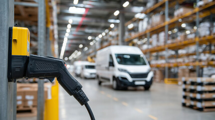 Industrial close-up: hand plugs EV charger into a delivery van inside a climate-controlled warehouse. Rows of parked vehicles and organized shelves in soft focus highlight order an