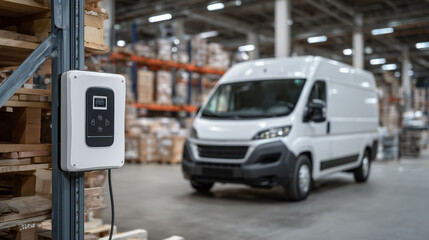 Modern charging station with sleek digital controls is connected to an electric van, close-up view emphasizes texture of the materials. Warehouse filled with low-emission fleet in