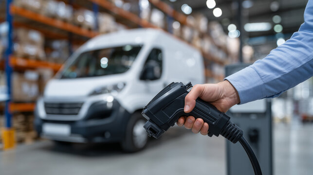 Industrial close-up: hand plugs EV charger into a delivery van inside a climate-controlled warehouse. Rows of parked vehicles and organized shelves in soft focus highlight order an