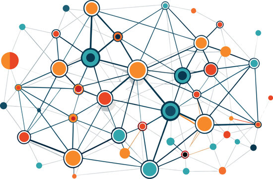 Adobe Illustrator Artwork Abstract geometric network of interconnected lines and nodes in a symmetrical pattern with blue and black circular elements representing data flow and connections on a white 
