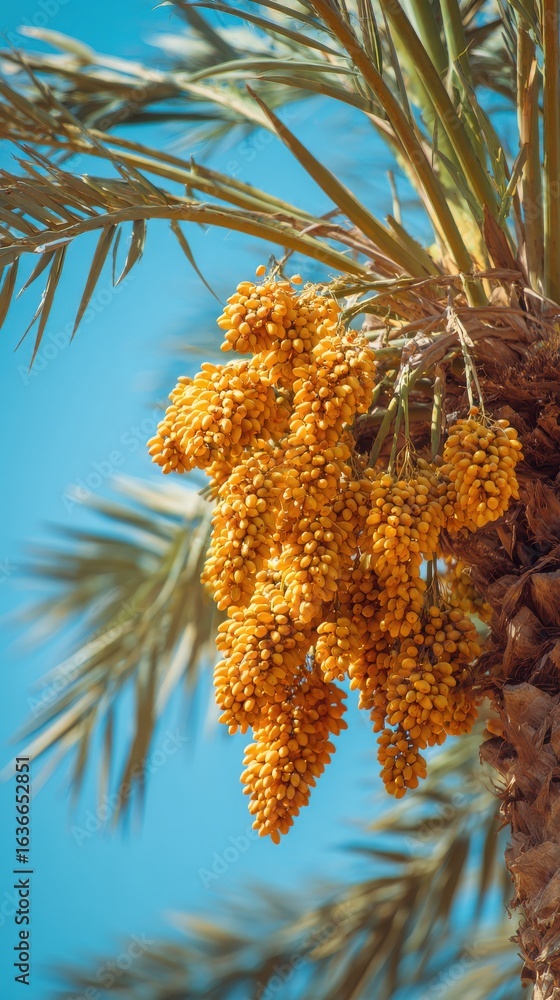 Poster stunning photo of bottom view of a date palm tree with ripe dates against blue sky. fruits of date p