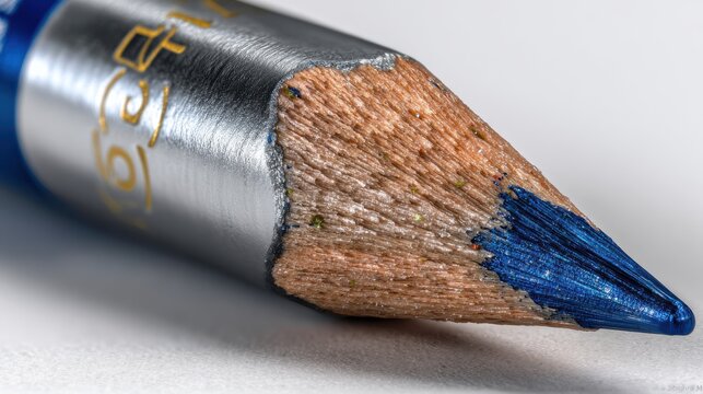Close-up of a sharpened blue colored pencil, showcasing its wooden casing, metallic ferrule, and finely pointed graphite tip.