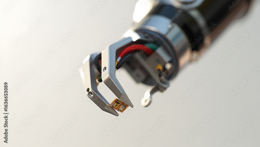 Poster robotic arm precisely picks up small object with its gripper
