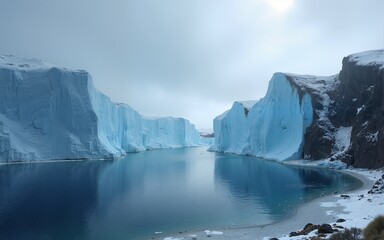Distant Icy Cliffs Under Moody Cloudy Sky. High quality
