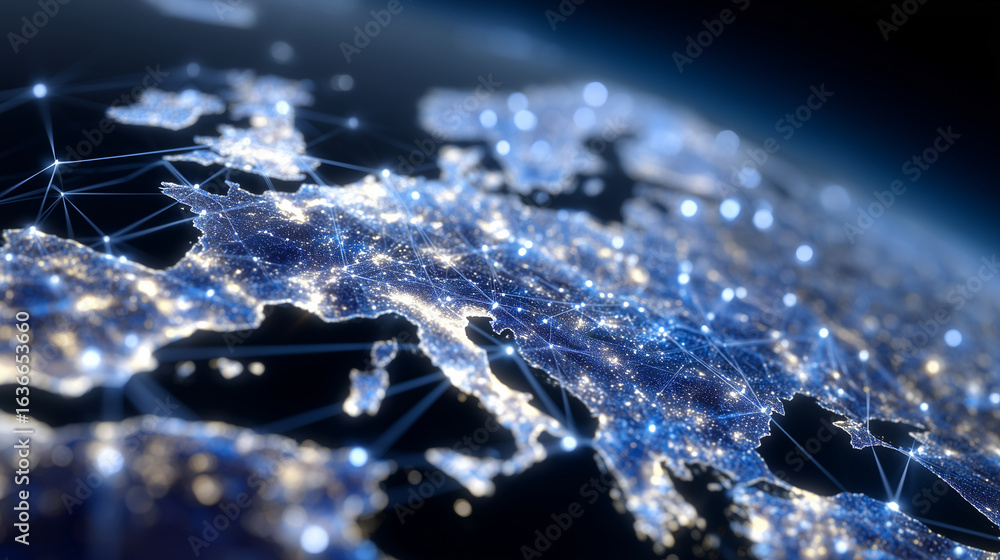Aufkleber minimalist digital map of europe with glowing white connections linking major cities. softly glowing
