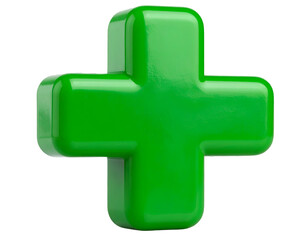 Fototapeta premium Plus sign – Photorealistic bold green plus sign symbol, glossy surface, Ideal for first aid or hospital use