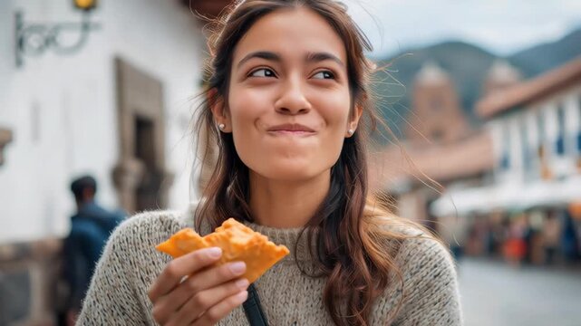 Young woman enjoying Peruvian street food in Cusco, holding empanada and smiling, historic buildings in the background.
