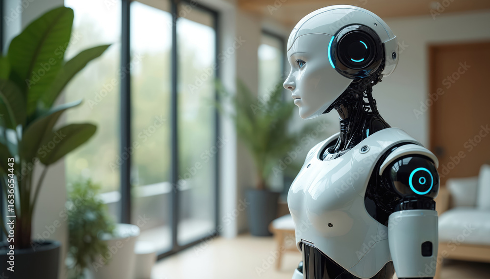 Poster humanoid robot assistant in futuristic smart home. advanced ai machine provides automated service, i