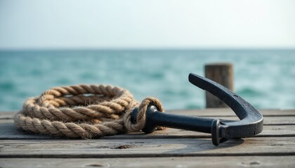 Fototapeta premium Anchor with coiled rope rests on weathered pier planks, facing calm blue ocean. Nautical equipment maritime exploration, seafaring travel, coastal vacation adventures. Clear sky, tranquil waters.