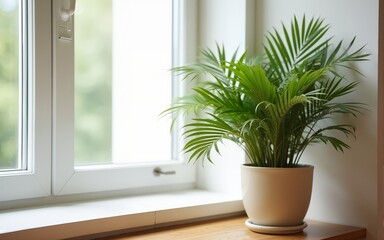 Palm Plant in a Light Beige Pot on a Wooden Table by a Window. High quality