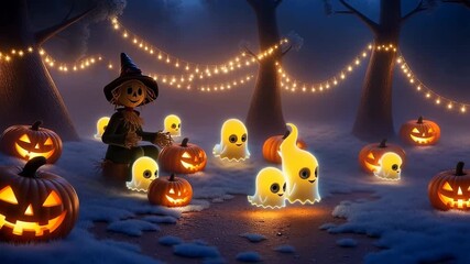 Halloween night with glowing cute ghosts, jack-o'-lantern pumpkins, a scarecrow in witch hat, and festive string lights in a foggy forest with snow-covered ground - Powered by Adobe