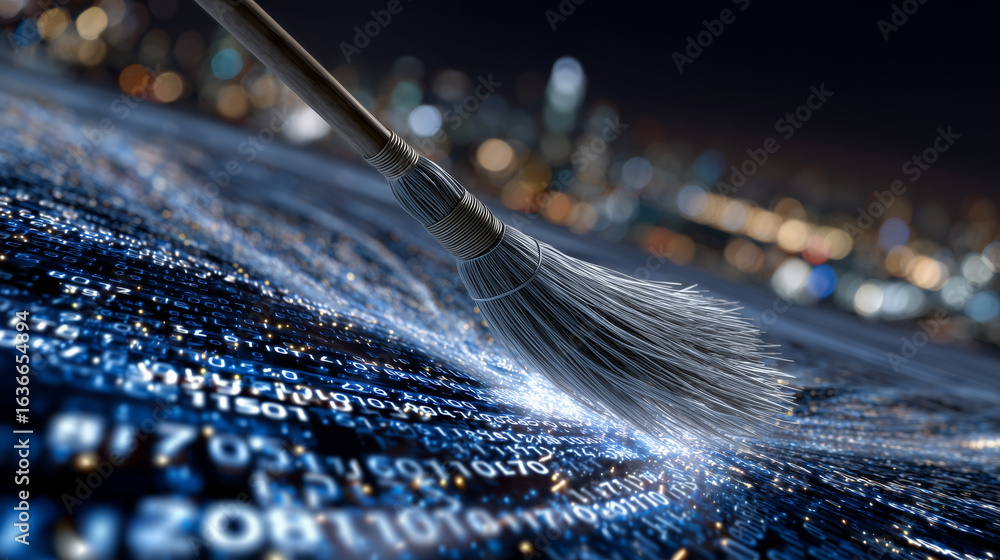 Poster a futuristic broom sweeps a swirling cloud of glowing binary code and pixelated dust from a sleek di