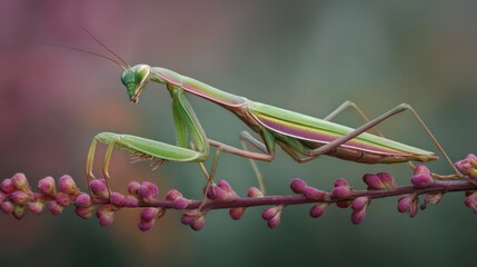 Praying mantis on flower bud