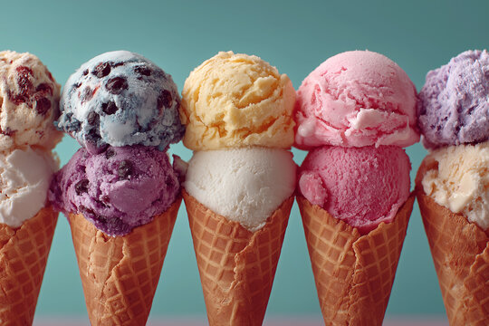 A vibrant array of ice cream cones, each with a unique flavor and topping, symbolizing diversity, happiness, and the simple pleasures of life.