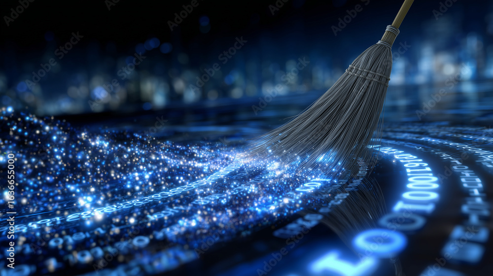 Aufkleber a futuristic broom sweeps a swirling cloud of glowing binary code and pixelated dust from a sleek di