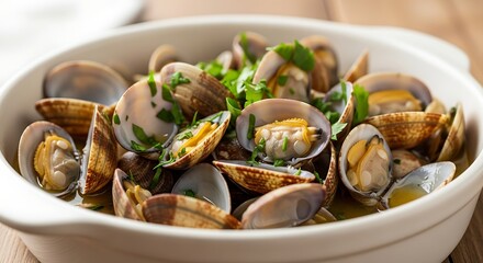 Gourmet steamed clams in a white wine and garlic sauce with fresh parsley.