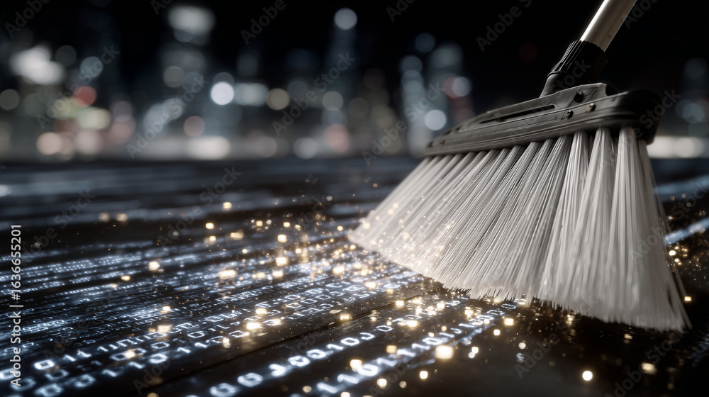 Poster digital broom bristles emit soft glows as they sweep away thick layers of holographic code dust. the