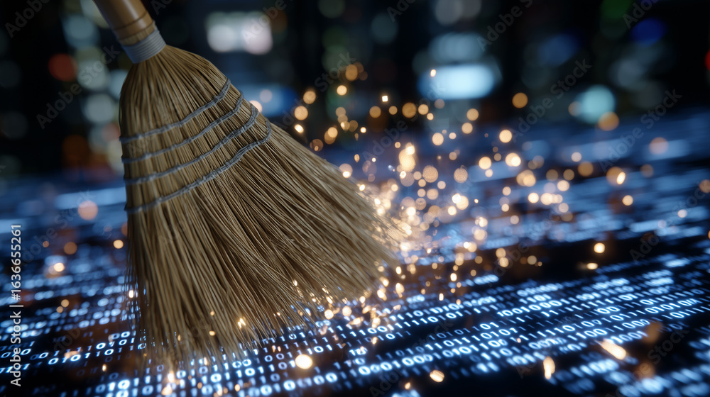 Poster in a cyber environment, a broom sweeps across a virtual screen covered with scattered binary code. t