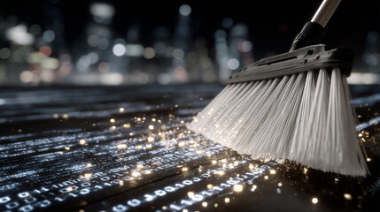 Digital broom bristles emit soft glows as they sweep away thick layers of holographic code dust. The space behind the broom shines with sharp lines and precise patterns, symbolizin