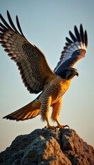 Fototapeta premium Peregrine falcon launches from rocky perch, wings spread wide in warm golden light. Detailed feathers visible on this wild avian predator in its natural cliffside habitat.