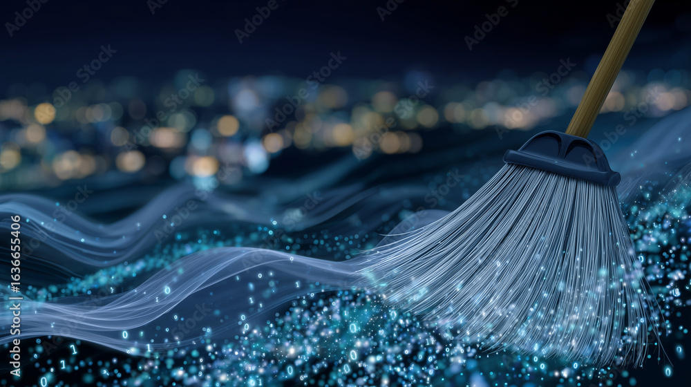 Aufkleber a broom with luminous bristles sweeps away clusters of digital dust made of tiny zeros and ones on a