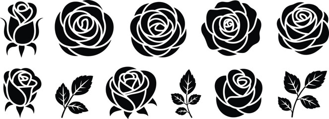 Rose illustrations, leaf designs, black and white, floral vector, petal shapes, botanical art, tattoo style, nature, elegant, decorative