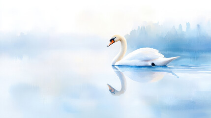 Obraz premium Serene watercolor painting of graceful swan gliding on calm water, reflecting its beauty in tranquil environment