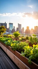 Fototapeta premium Urban Rooftop Garden at Sunset: A City Oasis of Greenery