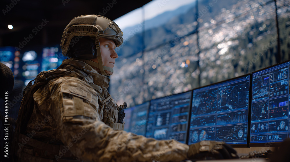 Poster an armored soldier in camo sits at a command desk surrounded by multiple screens displaying cyber th