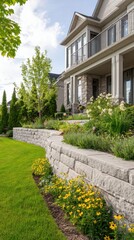 Fototapeta premium Stunning photo of landscaping with retaining walls and flowerbeds in residential house backyard.