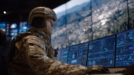 An armored soldier in camo sits at a command desk surrounded by multiple screens displaying cyber threat assessments, radar blips, and live drone footage, underscoring technologica