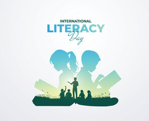 International Literacy Day Vector illustration of open book with alphabet letters and earth. Children education background or learning event concept.