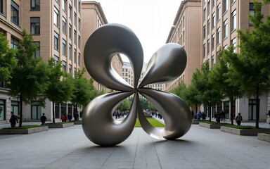 Abstract Metallic Sculpture in a City Courtyard. High quality