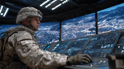 Military operations room featuring a soldier commanding digital controls with data overlays highlighting enemy positions and mission timelines. High-tech security systems and LED p