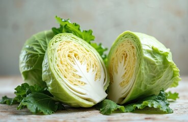 Fototapeta premium Two fresh green cabbage heads one halved, arranged on wooden surface. Crisp leaves reveal tightly packed layers of pale yellow interior. Ideal for culinary content, promoting healthy eating, organic